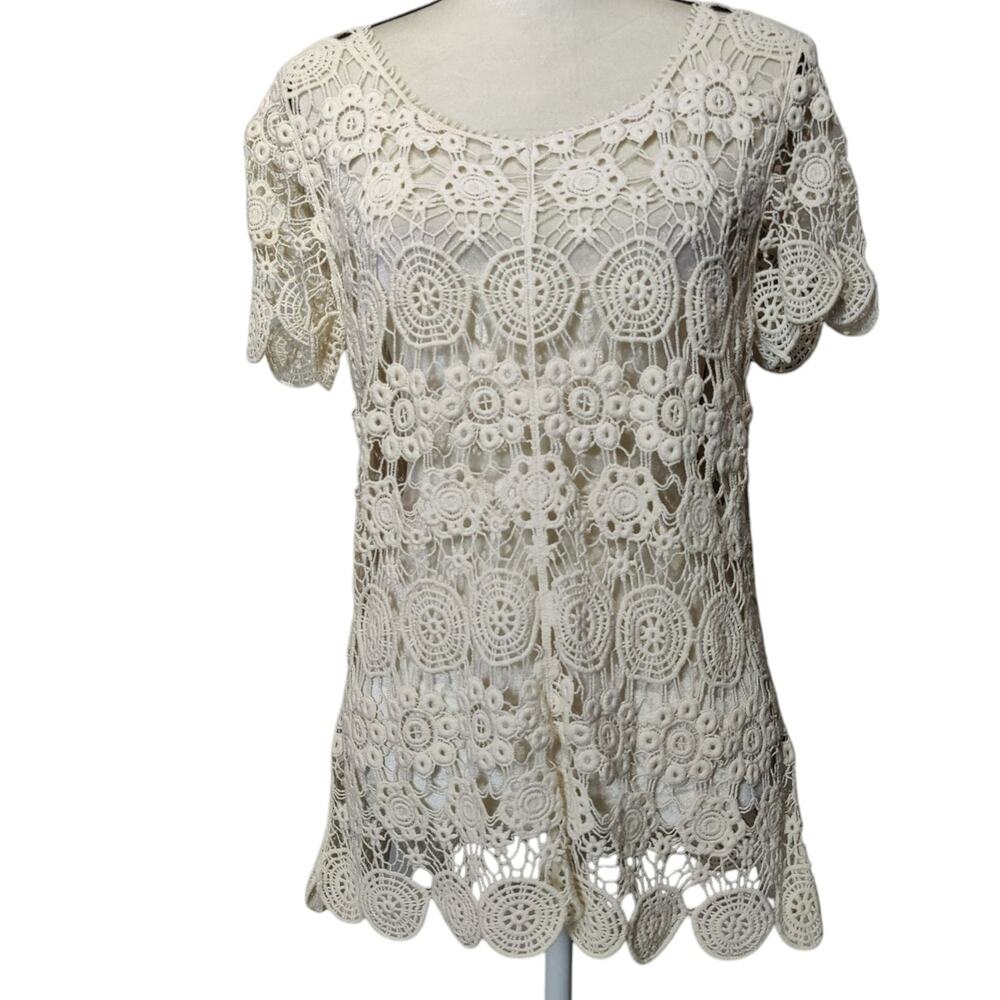 Mystree Women's Crochet Open Knit Short Sleeve Top Cream Tunic Round Neck